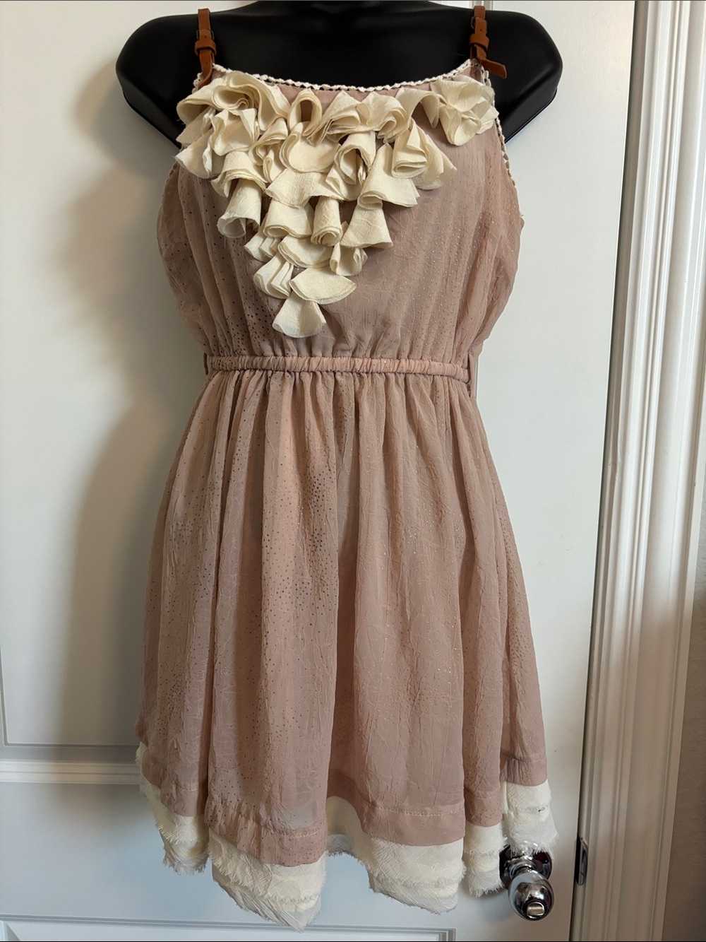 Double Zero Dusty Rose Ruffle-Neck Sundress with Cream Trim size Sm.